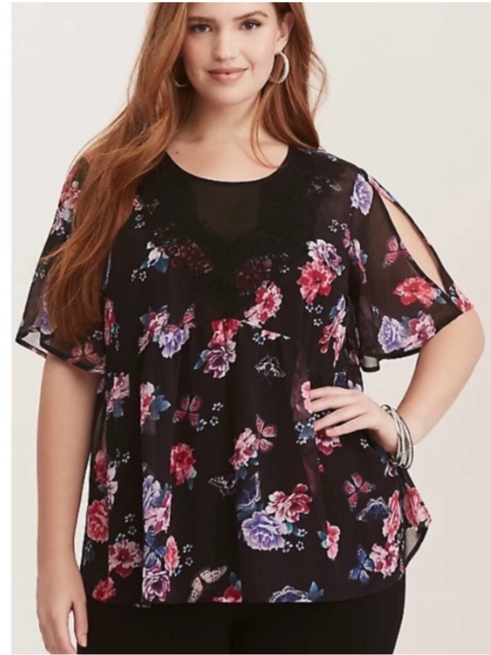 Torrid Black Sheer Floral Split-Sleeve Keyhole Women's Top Size 0 (Large)